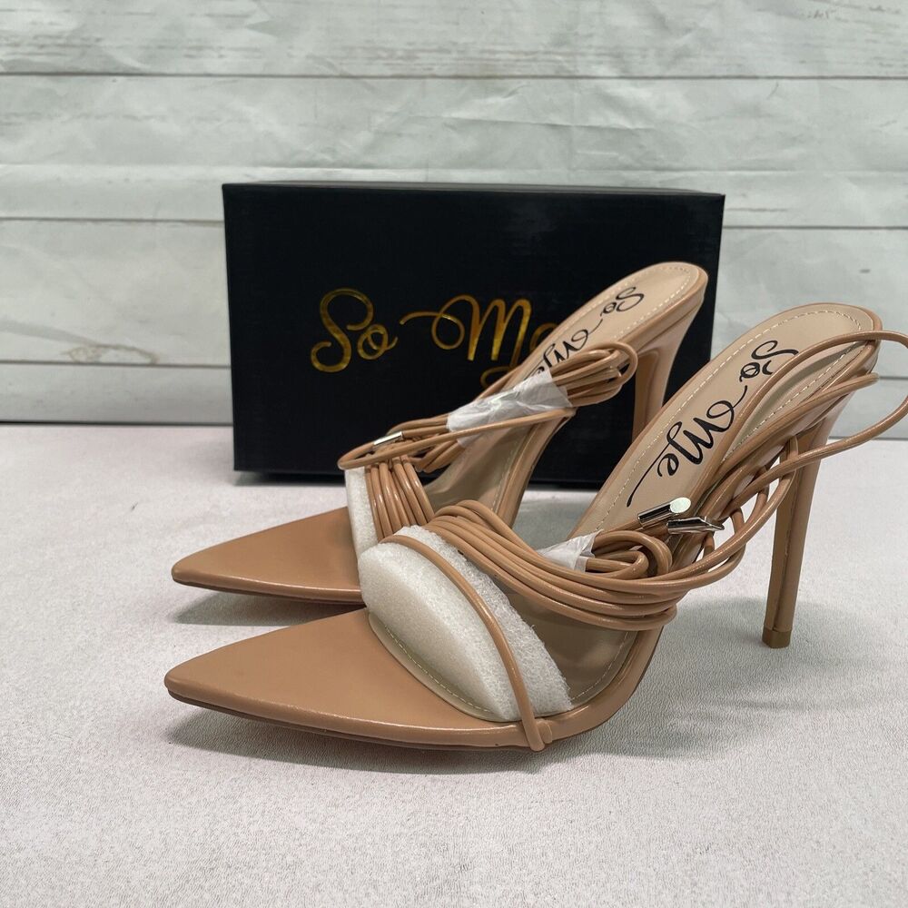 So Me Miro Strappy Tie Up Open Toe Stiletto 4.5” Heel Shoe Nude Size 6.5